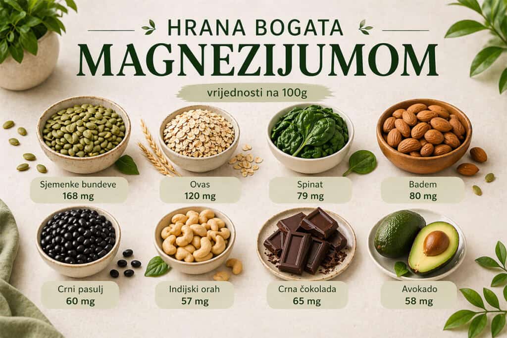 Lista hrane bogate magnezijumom sa prikazom količine magnezijuma u namirnicama